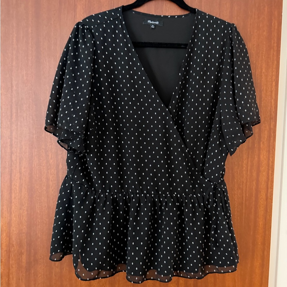 Madewell Black and White Dotted Peplum Blouse